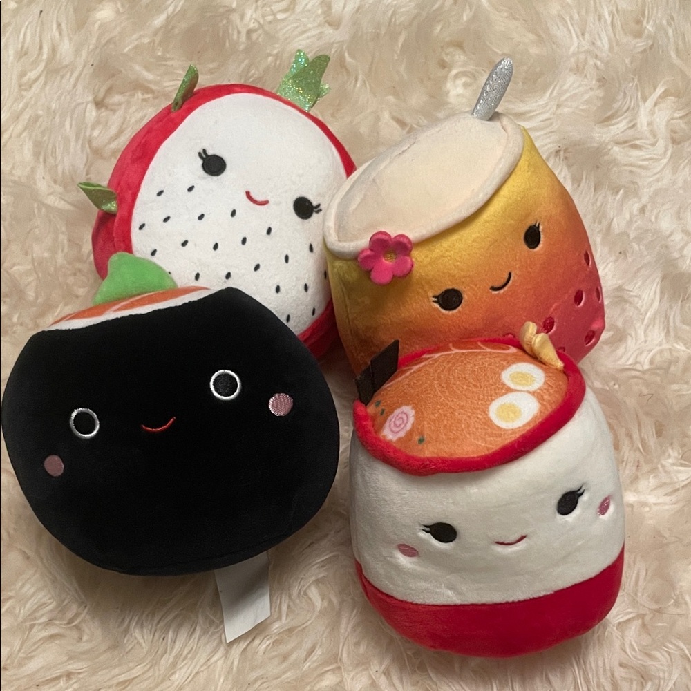 Sushi, bubble tea, ramen, and dragonfruit squishmallow set